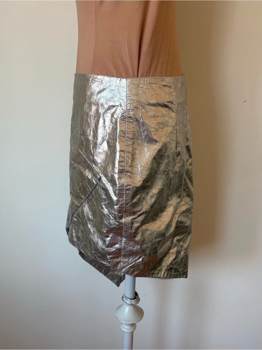 Zeynep Arcay Asymmetric Mini Silver Crackle Lamb Leather Skirt Size US 6